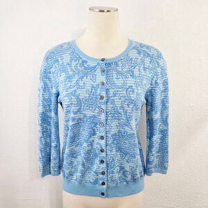 J. McLaughlin aqua blue striped paisley cardigan sweater button women's medium M